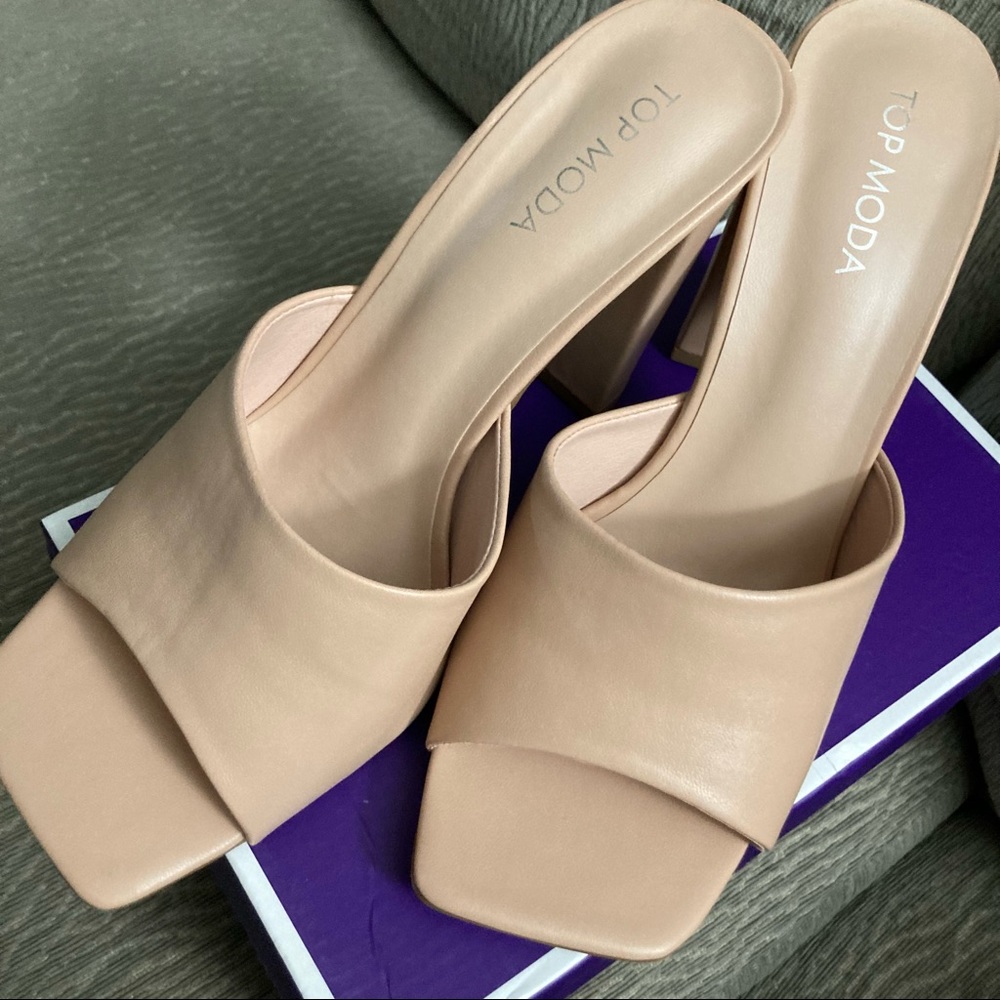 Top Moda Nude Square Mules Heels Open Toe